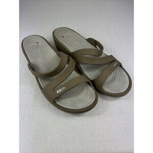 Crocs Patricia Wedge Women's‎ 10 Tan Strap Sandals Slides, Preowned